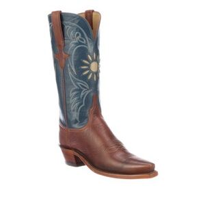 Lucchese Brown Leather Foot & Blue Embroidered Shaft Cowboy Boots